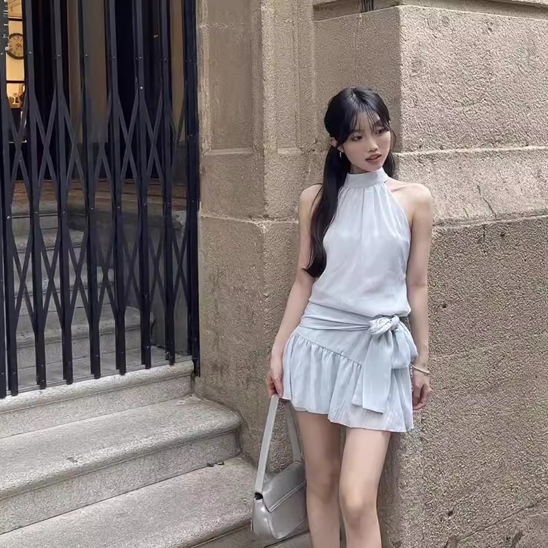 Corset Waist Cinch - ชุดเดรสสำหรับวันหยุด ดีไซน์เข้ารูปช่วงเอว มีเข็มขัด กระโปรงสั้น สไตล์ใส่เดินเล่นในเมือง แขนสามส่วน