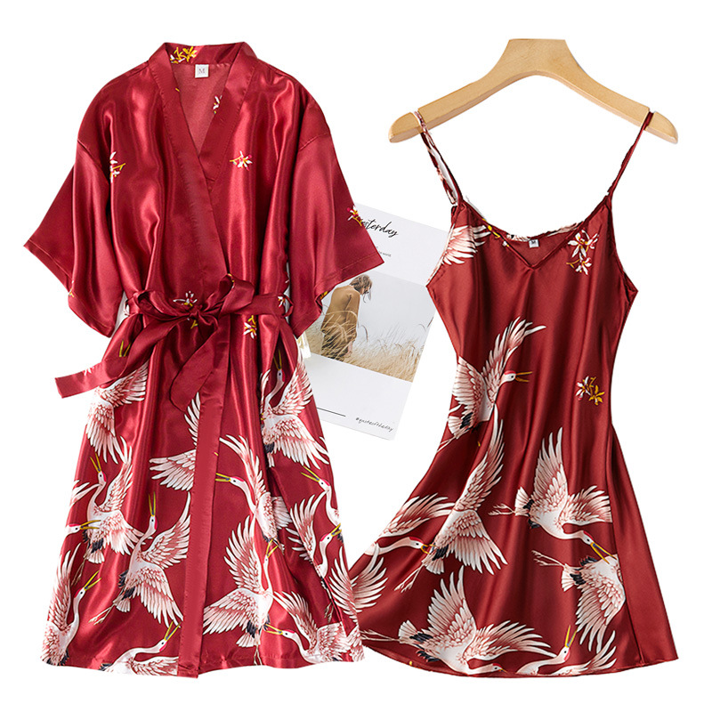 Burgundyผู้หญิง2PCS Fauxผ้าไหม - Robe Silk Women บทวิจารณ์และราคา